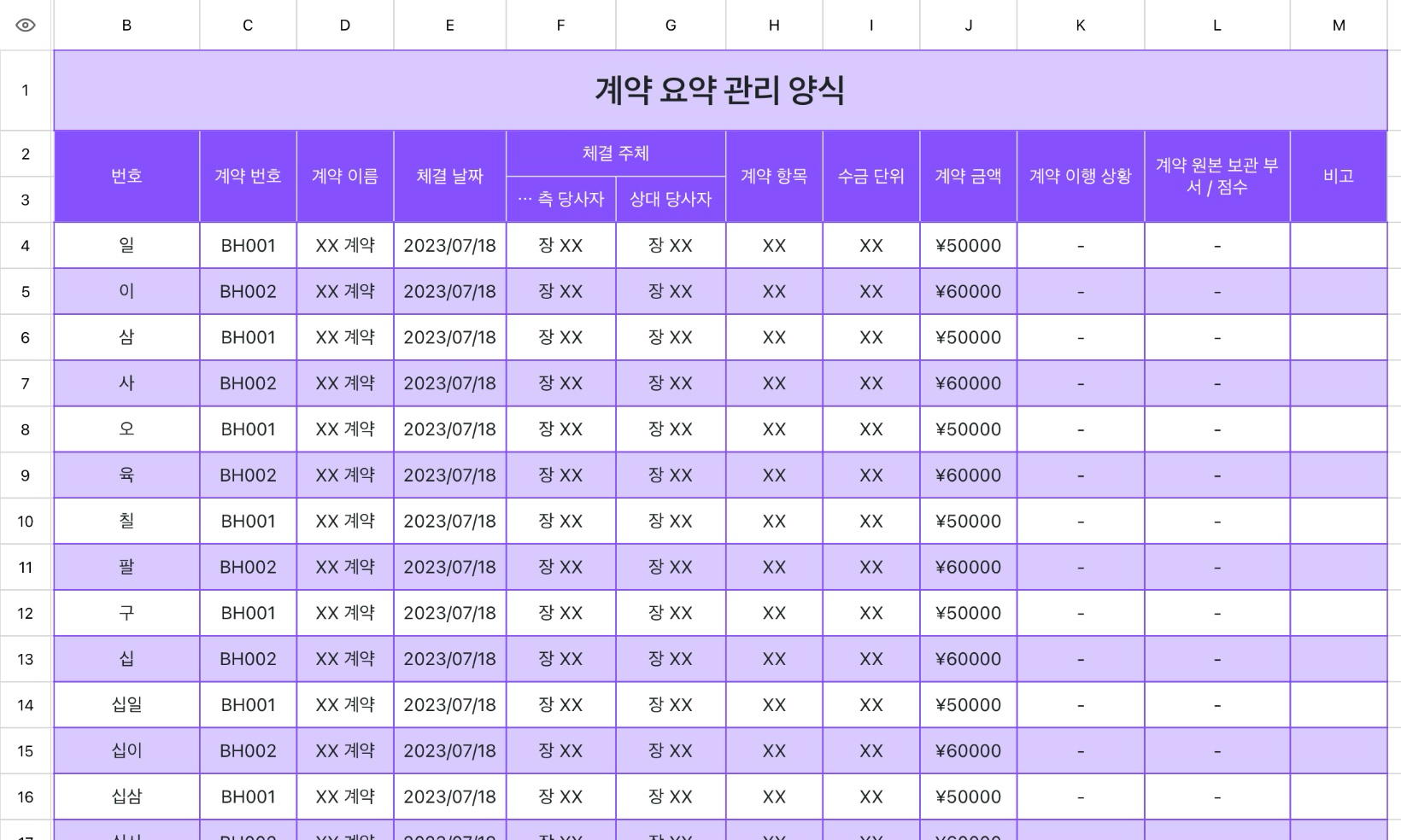 계약 요약 관리 양식